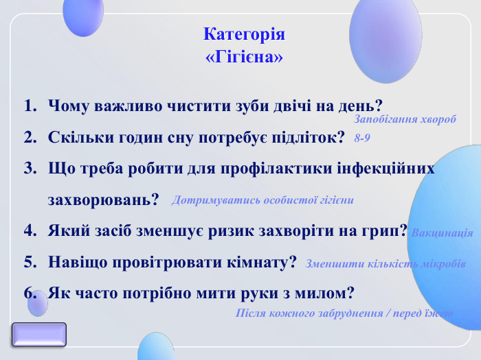 Категорія  «Гігієна» Чому важливо чистити зуби двічі на день? Скільки годин сну потребує підліток? Що треба робити для профілактики інфекційних захворювань? Який засіб зменшує ризик захворіти на грип? Навіщо провітрювати кімнату? Як часто потрібно мити руки з милом?   Запобігання хвороб 8-9 Дотримуватись особистої гігієни Зменшити кількість мікробів Вакцинація Після кожного забруднення / перед їжею 