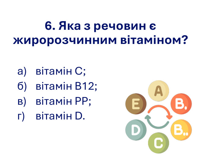 6. Яка з речовин є жиророзчинним вітаміном? а)  вітамін С; б)  вітамін В12;  в)  вітамін РР; г)  вітамін D. 