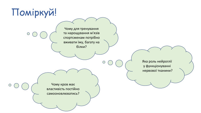 Поміркуй!Чому для тренування та нарощування м'язів спортсменам потрібно вживати їжу, багату на білки?Яка роль нейроглії у функціонуванні нервової тканини?Чому кров має властивість постійно самооновлюватись?