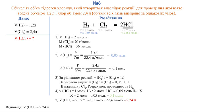 №6 Обчисліть об’єм гідроген хлориду, який утвориться внаслідок реакції, для проведення якої взято водень об’ємом 1,2 л і хлор об’ємом 2,4 л (об’єми всіх газів виміряно за однакових умов). Дано: V(Н2) = 1,2л. V(Cl2) = 2,4л. V(HСl ) – ?Відповідь: V (HСl) = 2,24 л Розв’язання. H2  + Cl2   =  2 HСl1) M (Н2) = 2 г/моль M (Cl2) = 70 г/моль M (HСl) = 36 г/моль2) 3) За рівнянням реакції: ν (Н2) : ν (Cl2) = 1:1 За умовою задачі: ν (Н2) : ν (Cl2) = 0,05 : 0,1 В надлишку Cl2. Розрахунок проводимо за Н2.4) 𝜈 (HСl) = 1 моль H2 : 2 моль HCl = 0,05 моль H2 : Х Х = 2 моль · 0,05 моль = 0,1 моль5) V (HСl) = 𝜈⋅Vm = 0,1 моль · 22,4 л/моль = 2,24 л  ν = 1 мольν (Н2) = 𝑉𝑉𝑚=1,2л22,4 л/моль = 0,05 моль ν (Cl2) = 𝑉𝑉𝑚=2,4л22,4 л/моль = 0,1 моль ν = 2 мольν = 0,1 мольν = 0,05 мольν = 1 моль