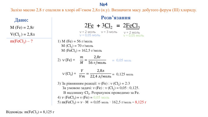 №4 Залізо масою 2,8 г спалили в хлорі об’ємом 2,8л (н.у). Визначити масу добутого ферум (ІІІ) хлориду. Дано: M (Fe) = 2,8г. V(Cl2 ) = 2,8лm(Fe. Cl3) – ?Відповідь: m(Fe. Cl3) = 8,125 г Розв’язання2 Fe  + 3 Cl2   =  2 Fe. Cl3ν = 2 мольν = 3 моль1) M (Fe) = 56 г/моль M (Cl2) = 70 г/моль M (Fe. Cl3) = 162,5 г/моль2) 3) За рівнянням реакції: ν (Fe) : ν (Cl2) = 2:3 За умовою задачі: ν (Fe) : ν (Cl2) = 0,05 : 0,125. В надлишку Cl2. Розрахунок проводимо за Fe.4) 𝜈 (Fe. Cl3) = ν (Fe) = 0,05 моль 5) m(Fe. Cl3) = 𝜈⋅М = 0,05 моль · 162,5 г/моль = 8,125 г  ν (Fe) = 𝑚𝑀=2,8г56 г/моль = 0,05 моль ν (Cl2) = 𝑉𝑉𝑚=2,8л22,4 л/моль = 0,125 моль ν = 2 мольν = 0,05 мольν = 0,05 моль