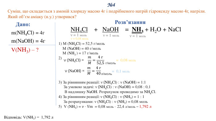 №4 Суміш, що складається з амоній хлориду масою 4г і подрібненого натрій гідроксиду масою 4г, нагріли. Який об’єм аміаку (н.у.) утворився?Дано: m(NH4 Cl) = 4гm(Na. OH) = 4г. V(NH3) – ?Відповідь: V(NH3) = 1,792 л. Розв’язання. NH4 Cl + Na. OH = NH3 + H2 O + Na. Cl1) M (NH4 Cl) = 52,5 г/моль M (Na. OH) = 40 г/моль M (NH3 ) = 17 г/моль2) 3) За рівнянням реакції: ν (NH4 Cl) : ν (Na. OH) = 1:1 За умовою задачі: ν (NH4 Cl) : ν (Na. OH) = 0,08 : 0,1 В надлишку Na. OH. Розрахунок проводимо за NH4 Cl.4) За рівнянням реакції: ν (NH4 Cl) : ν (NH3) = 1 : 1 За розрахунками: ν (NH4 Cl) : ν (NH3) = 0,08 моль5) V (NH3) = 𝜈⋅Vm = 0,08 моль · 22,4 л/моль = 1,792 л  ν = 1 мольν = 1 мольν (NH4 Cl) = 𝑚𝑀=4 г52,5 г/моль= 0,08 моль ν (Na. OH) = 𝑚𝑀=4 г40 л/моль= 0,1 моль ν = 1 мольν = 0,08 моль 
