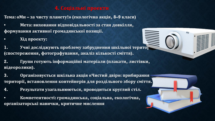 4. Соціальні проекти. Тема: «Ми – за чисту планету!» (екологічна акція, 8–9 класи)•	Мета: виховання відповідальності за стан довкілля, формування активної громадянської позиції.•	Хід проекту:1.	Учні досліджують проблему забруднення шкільної території (спостереження, фотографування, аналіз кількості сміття).2.	Групи готують інформаційні матеріали (плакати, листівки, відеоролики).3.	Організовується шкільна акція «Чистий двір»: прибирання території, встановлення контейнерів для роздільного збору сміття.4.	Результати узагальнюються, проводиться круглий стіл.•	Компетентності: громадянська, соціальна, екологічна, організаторські навички, критичне мислення