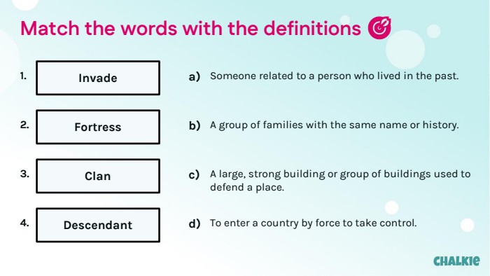 Match the words with the definitions 🎯​1. Invade2. Fortress3. Clan4. Descendanta)Someone related to a person who lived in the past.b)A group of families with the same name or history.c)A large, strong building or group of buildings used to defend a place.d)To enter a country by force to take control.
