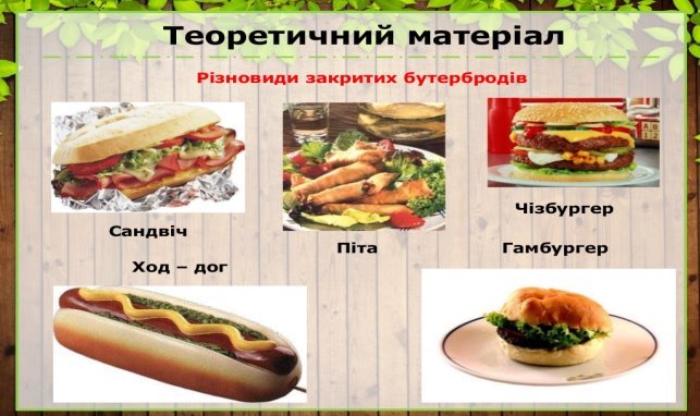 Теоретичний матеріал
Різновиди закритих бутербродів
Чізбургер
Сандвіч
Ход – дог
ГамбургерПіта
 