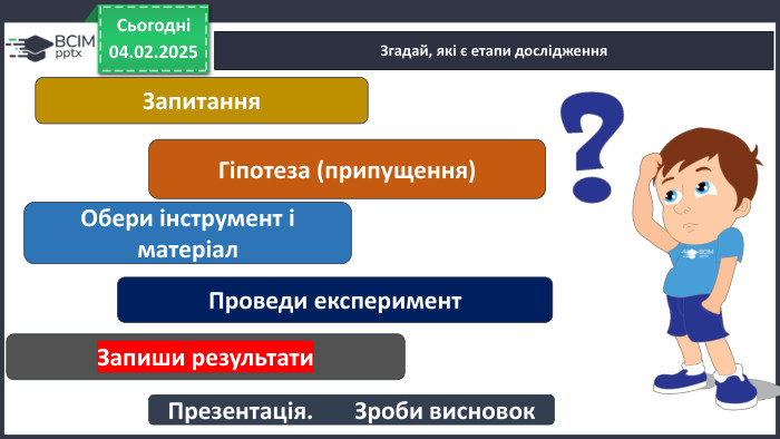 26.11.2024 СьогодніЗгадай, які є етапи дослідження. Запитання. Запиши результати. Гіпотеза (припущення)Обери інструмент і матеріал. Презентація. Зроби висновок. Проведи експеримент