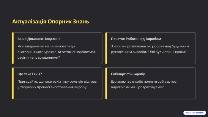 Актуалізація Опорних Знань. Ваше Домашнє Завдання. Яке завдання ви мали виконати до сьогоднішнього уроку? Чи готові ви поділитися своїми напрацюваннями?Початок Роботи над Виробом. З чого ми розпочинаємо роботу над будь-яким рукодільним виробом? Які були перші кроки?Що таке Ескіз?Пригадайте, що таке ескіз і яку роль він відіграє у творчому процесі виготовлення виробу?Собівартість Виробу. Що включає в себе поняття собівартості виробу? Як ми її розраховуємо?