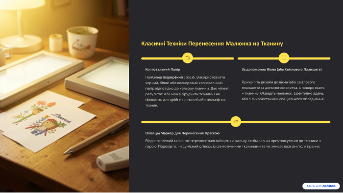 Класичні Техніки Перенесення Малюнка на Тканину. Копіювальний Папір. Найбільш поширений спосіб. Використовуйте чорний, білий або кольоровий копіювальний папір відповідно до кольору тканини. Дає чіткий результат, але може бруднити тканину і не підходить для дрібних деталей або рельєфних тканин. За допомогою Вікна (або Світлового Планшета)Прикріпіть дизайн до вікна (або світлового планшета) за допомогою скотча, а поверх нього – тканину. Обведіть малюнок. Ефективно вдень, або з використанням спеціального обладнання. Олівець/Маркер для Перенесення Праскою. Віддзеркалений малюнок переноситься олівцем на кальку, потім калька приутюжується до тканини з парою. Перевірте, чи сумісний олівець із синтетичними тканинами та чи змивається він після прання.