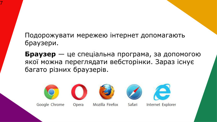  Подорожувати мережею інтернет допомагають браузери. Браузер — це спеціальна програма, за допомогою якої можна переглядати вебсторінки. Зараз існує багато різних браузерів.7