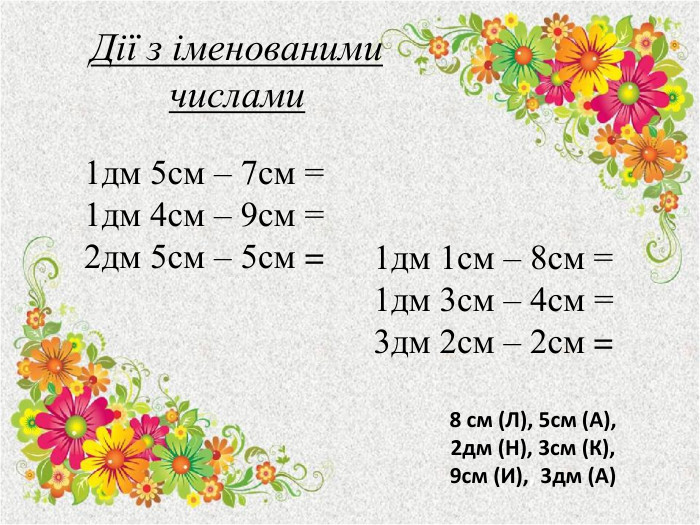 Дії з іменованими числами1дм 5см – 7см = 1дм 4см – 9см =2дм 5см – 5см =1дм 1см – 8см =1дм 3см – 4см = 3дм 2см – 2см =8 см (Л), 5см (А), 2дм (Н), 3см (К), 9см (И),, 3дм (А)