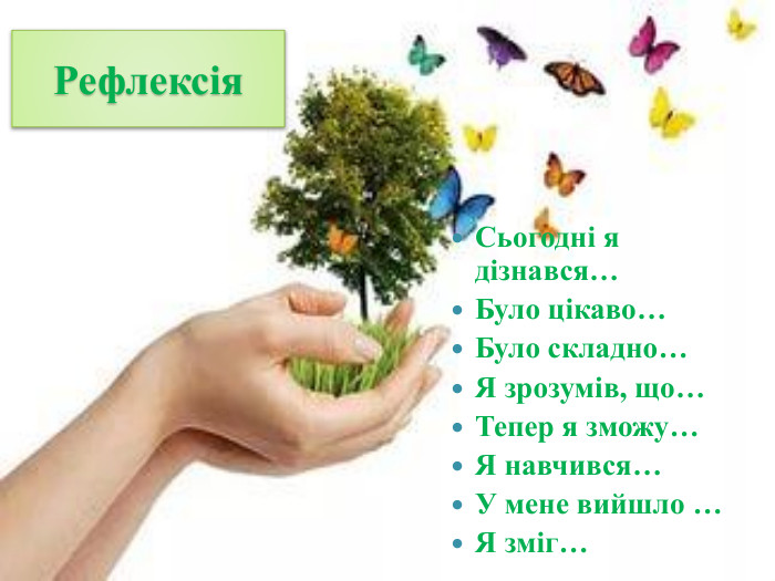 Рефлексія. Сьогодні я дізнався… Було цікаво… Було складно… Я зрозумів, що… Тепер я зможу… Я навчився… У мене вийшло … Я зміг… 