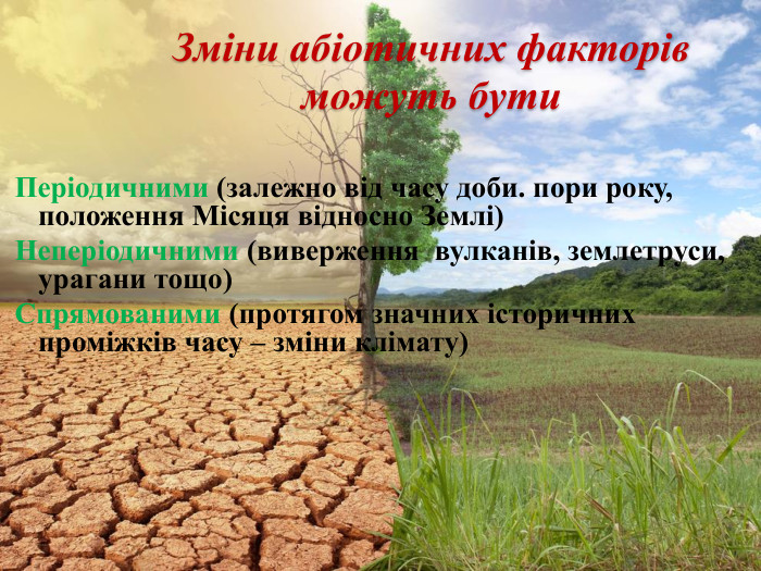 Зміни абіотичних факторів можуть бути Періодичними (залежно від часу доби. пори року, положення Місяця відносно Землі)Неперіодичними (виверження вулканів, землетруси, урагани тощо)Спрямованими (протягом значних історичних проміжків часу – зміни клімату)          
