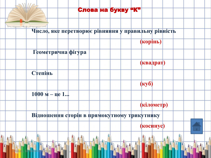 середа, 18 лютого 2026 р. Слова на букву “К” Число, яке перетворює рівняння у правильну рівність (корінь) Геометрична фігура (квадрат) Степінь (куб) 1000 м – це 1... (кілометр) Відношення сторін в прямокутному трикутнику (косинус)