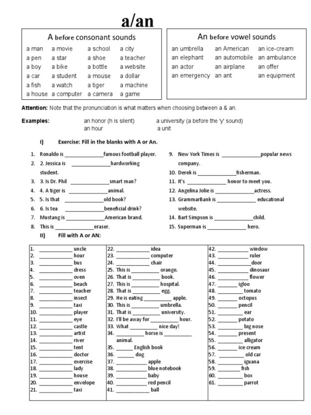 Articles Exercises, Free Printable Articles ESL Worksheets