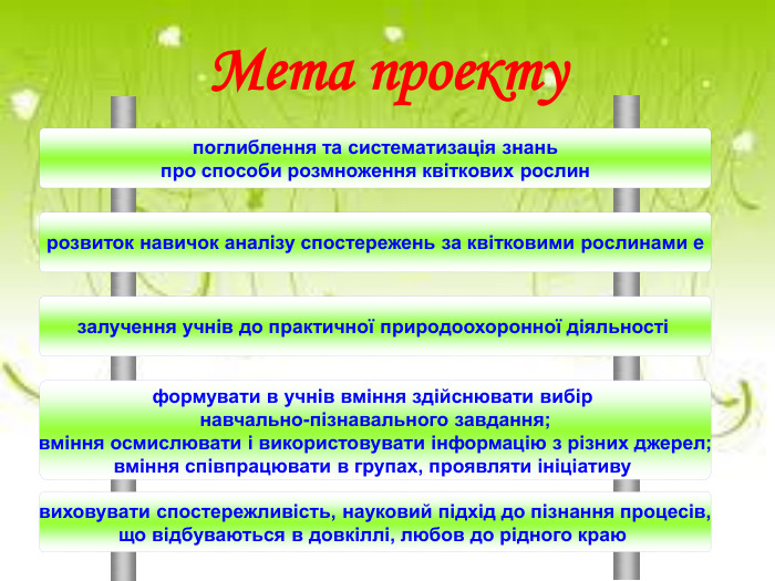 Мета проекту  поглиблення та систематизація знань  про способи розмноження квіткових рослин  розвиток навичок аналізу спостережень за квітковими рослинами e залучення учнів до практичної природоохоронної діяльності  формувати в учнів вміння здійснювати вибір  навчально-пізнавального завдання;  вміння осмислювати і використовувати інформацію з різних джерел;  вміння співпрацювати в групах, проявляти ініціативу   виховувати спостережливість, науковий підхід до пізнання процесів,  що відбуваються в довкіллі, любов до рідного краю  