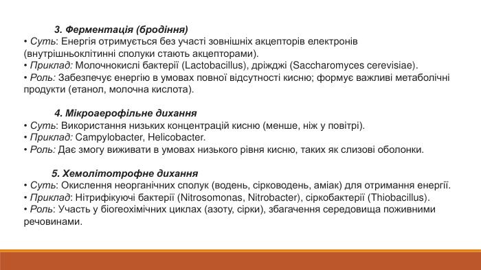  3. Ферментація (бродіння)• Суть: Енергія отримується без участі зовнішніх акцепторів електронів (внутрішньоклітинні сполуки стають акцепторами).• Приклад: Молочнокислі бактерії (Lactobacillus), дріжджі (Saccharomyces cerevisiae).• Роль: Забезпечує енергію в умовах повної відсутності кисню; формує важливі метаболічні продукти (етанол, молочна кислота). 4. Мікроаерофільне дихання• Суть: Використання низьких концентрацій кисню (менше, ніж у повітрі).• Приклад: Campylobacter, Helicobacter.• Роль: Дає змогу виживати в умовах низького рівня кисню, таких як слизові оболонки. 5. Хемолітотрофне дихання• Суть: Окислення неорганічних сполук (водень, сірководень, аміак) для отримання енергії.• Приклад: Нітрифікуючі бактерії (Nitrosomonas, Nitrobacter), сіркобактерії (Thiobacillus).• Роль: Участь у біогеохімічних циклах (азоту, сірки), збагачення середовища поживними речовинами.
