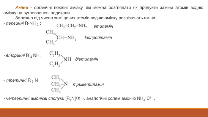 Аміни - органічні похідні аміаку, які можна розглядати як продукти заміни атомів водню аміаку на вуглеводневі радикали. Залежно від числа заміщених атомів водню аміаку розрізняють аміни:- первинні R-NH 2 :- вторинні R 2 NH:діетиламінІзопропіламінетиламін- третинні R 3 Nтриметиламін- четверинні амонієві сполуки [R4 N]+X ~, аналогічні солям амонію NH4+C1 - .