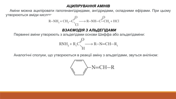АЦИЛІРУВАННЯ АМІНІВ Аміни можна ациліровати галогенангідридами, ангідридами, складними ефірами. При цьому утворюються аміди кислот: ВЗАЄМОДІЯ З АЛЬДЕГІДАМИ Первинні аміни утворюють з альдегідами основи Шиффа або альдегідаміни: Аналогічні сполуки, що утворюються в реакції аміну з альдегідами, звуться аніліном: