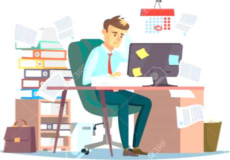 Manager Sitting At Computer Desk With Stack Of Documents In Mess.. Stock  Photo, Picture And Royalty Free Image. Image 98144634.