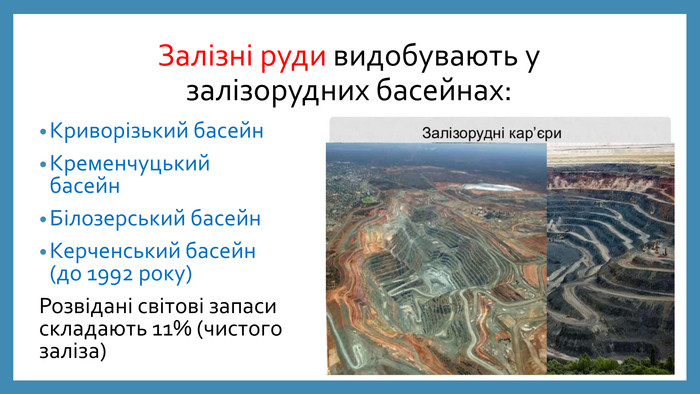 Залізні руди видобувають у залізорудних басейнах: Криворізький басейн Кременчуцький басейн. Білозерський басейн. Керченський басейн (до 1992 року)Розвідані світові запаси складають 11% (чистого заліза) 