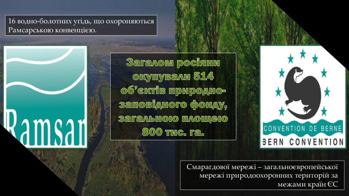 Загалом росіяни окупували 514 об’єктів природно-заповідного фонду,загальною площею 800 тис. га.16 водно-болотних угідь, що охороняються Рамсарською конвенцією. Смарагдової мережі – загальноєвропейськоїмережі природоохоронних територій за межами країн ЄС