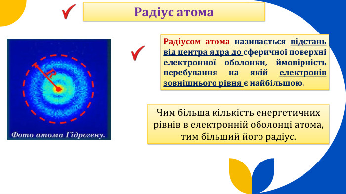 Радіус атома. Радіусом атома називається відстань від центра ядра до сферичної поверхні електронної оболонки, ймовірність перебування на якій електронів зовнішнього рівня є найбільшою. Чим більша кількість енергетичних рівнів в електронній оболонці атома, тим більший його радіус.