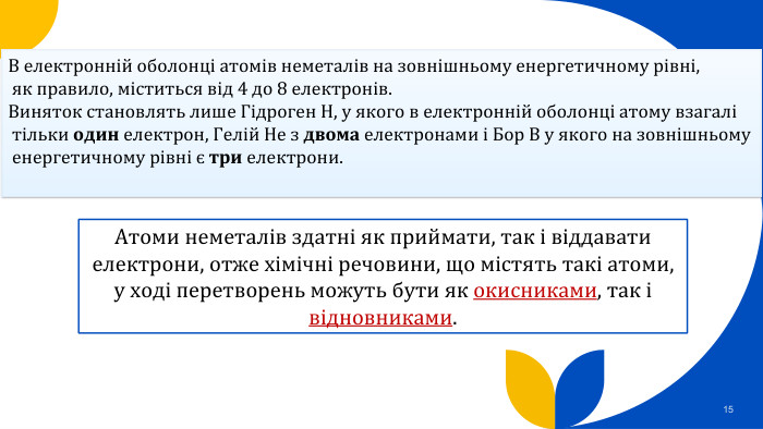 15 В електронній оболонці атомів неметалів на зовнішньому енергетичному рівні, як правило, міститься від 4 до 8 електронів. Виняток становлять лише Гідроген H, у якого в електронній оболонці атому взагалі тільки один електрон, Гелій He з двома електронами і Бор B у якого на зовнішньому енергетичному рівні є три електрони. Атоми неметалів здатні як приймати, так і віддавати електрони, отже хімічні речовини, що містять такі атоми, у ході перетворень можуть бути як окисниками, так і відновниками.