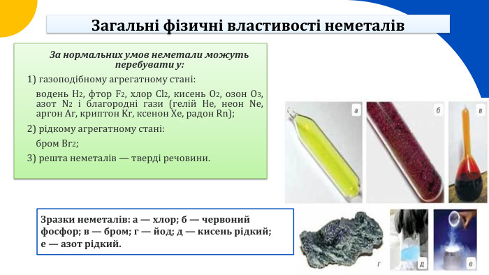  За нормальних умов неметали можуть перебувати у:1) газоподібному агрегатному стані: водень Н2, фтор F2, хлор Cl2, кисень O2, озон О3, азот N2 і благородні гази (гелій He, неон Ne, аргон Ar, криптон Kr, ксенон Xe, радон Rn);2) рідкому агрегатному стані: бром Вr2;3) решта неметалів — тверді речовини. Зразки неметалів: а — хлор; б — червоний фосфор; в — бром; г — йод; д — кисень рідкий; е — азот рідкий. Загальні фізичні властивості неметалів