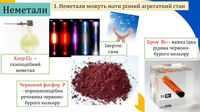 Неметали. Хлор Cl2 – газоподібний неметалІнертні гази. Червоний фосфор P - порошкоподібна речовина червоно-бурого кольору. Бром Br2 - важка їдка рідина червоно-бурого кольору1. Неметали можуть мати різний агрегатний стан