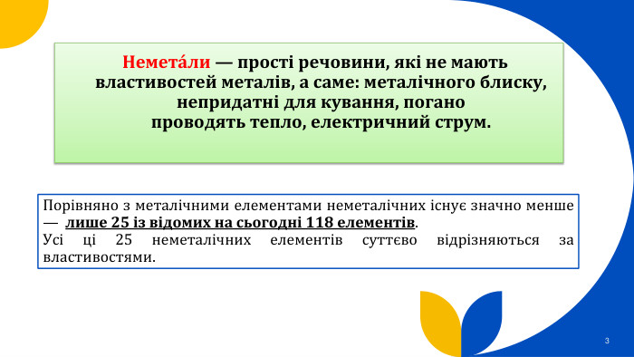 Немета́ли — прості речовини, які не мають властивостей металів, а саме: металічного блиску, непридатні для кування, погано проводять тепло, електричний струм.3 Порівняно з металічними елементами неметалічних існує значно менше — лише 25 із відомих на сьогодні 118 елементів. Усі ці 25 неметалічних елементів суттєво відрізняються за властивостями.