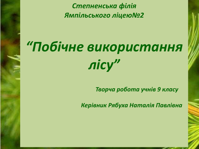 Степненська філія Ямпільського ліцею№2  “Побічне використання лісу”                                              Творча робота учнів 9 класу                                                                                    Керівник Рябуха Наталія Павлівна   