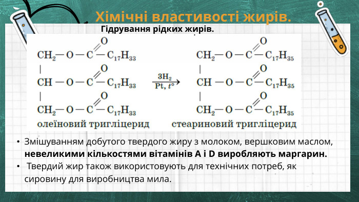 Хімічні властивості жирів. . Гідрування рідких жирів. Змішуванням добутого твердого жиру з молоком, вершковим маслом, невеликими кількостями вітамінів А і D виробляють маргарин. Твердий жир також використовують для технічних потреб, як сировину для виробництва мила.