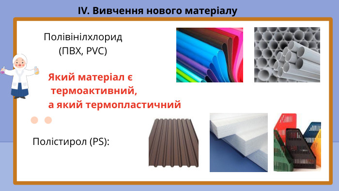 IV. Вивчення нового матеріалу. Полівінілхлорид (ПВХ, PVC)Полістирол (PS): Який матеріал є термоактивний,а який термопластичний
