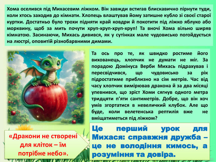 Хома оселився під Михасевим ліжком. Він завжди встигав блискавично пірнути туди, коли хтось заходив до кімнати. Хлопець влаштував йому затишне кубло зі своєї старої куртки. Достатньо було трохи підняти край ковдри й покотити під ліжко яблуко або морквину, щоб за мить почути хруп-хруп-хруп-хруп! Та вночі Хома вільно ширяв кімнатою. Засинаючи, Михась дивився, як у сутінках мале чудовисько погойдується на люстрі, оповитій різнобарвними димами. Та ось про те, як швидко ростиме його вихованець, хлопчик не думати не міг. За порадою Домінуса Верби Михась підрахував і пересвідчився, що чудовисько за рік підростатиме приблизно на сім метрів. Час від часу хлопчик вимірював дракона й за два місяці упевнився, що зріст Хоми сягнув одного метра тридцяти п’яти сантиметрів. Добре, що він хоч умів згортатися в невеличкий клубок. Але що буде, коли велетенська рептилія вже не вміщатиметься під ліжком?«Дракони не створені для кліток – їм потрібне небо». Це перший урок для Михася: справжня дружба – це не володіння кимось, а розуміння та довіра.