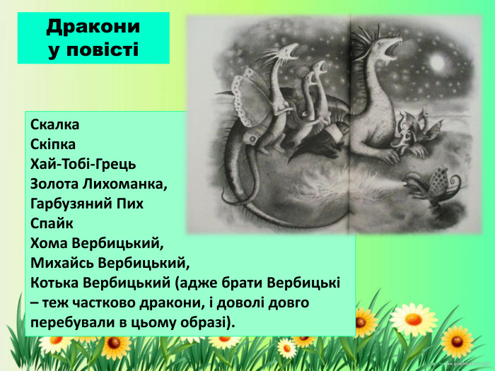 Скалка. Скіпка. Хай-Тобі-Грець. Золота Лихоманка,Гарбузяний Пих. Спайк. Хома Вербицький,Михайсь Вербицький,Котька Вербицький (адже брати Вербицькі – теж частково дракони, і доволі довго перебували в цьому образі). Дракониу повісті