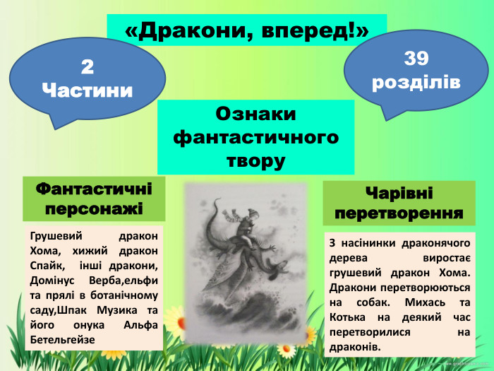 «Дракони, вперед!»2 Частини 39 розділів. Ознаки фантастичного твору. Фантастичні персонажіЧарівні перетворення. Грушевий дракон Хома, хижий дракон Спайк, інші дракони, Домінус Верба,ельфи та прялі в ботанічному саду,Шпак Музика та його онука Альфа Бетельгейзе. З насінинки драконячого дерева виростає грушевий дракон Хома. Дракони перетворюються на собак. Михась та Котька на деякий час перетворилися на драконів. 