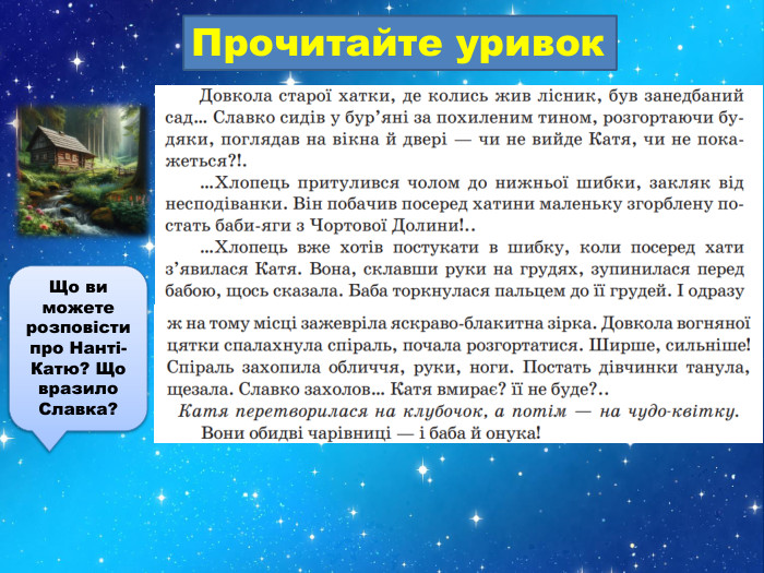 Прочитайте уривок. Що ви можете розповісти про Нанті-Катю? Що вразило Славка?