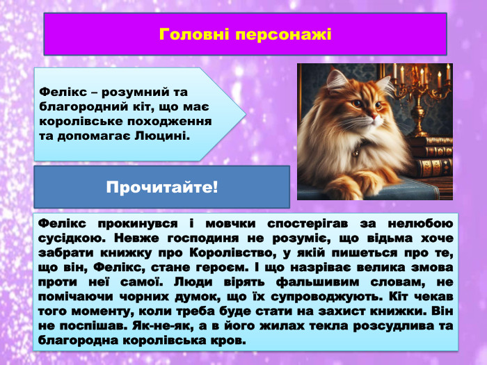 Головні персонажіФелікс – розумний та благородний кіт, що має королівське походження та допомагає Люцині. Фелікс прокинувся і мовчки спостерігав за нелюбою сусідкою. Невже господиня не розуміє, що відьма хоче забрати книжку про Королівство, у якій пишеться про те, що він, Фелікс, стане героєм. І що назріває велика змова проти неї самої. Люди вірять фальшивим словам, не помічаючи чорних думок, що їх супроводжують. Кіт чекав того моменту, коли треба буде стати на захист книжки. Він не поспішав. Як-не-як, а в його жилах текла розсудлива та благородна королівська кров. Прочитайте!