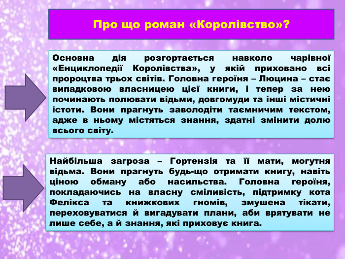 Про що роман «Королівство»?Основна дія розгортається навколо чарівної «Енциклопедії Королівства», у якій приховано всі пророцтва трьох світів. Головна героїня – Люцина – стає випадковою власницею цієї книги, і тепер за нею починають полювати відьми, довгомуди та інші містичні істоти. Вони прагнуть заволодіти таємничим текстом, адже в ньому містяться знання, здатні змінити долю всього світу. Найбільша загроза – Гортензія та її мати, могутня відьма. Вони прагнуть будь-що отримати книгу, навіть ціною обману або насильства. Головна героїня, покладаючись на власну сміливість, підтримку кота Фелікса та книжкових гномів, змушена тікати, переховуватися й вигадувати плани, аби врятувати не лише себе, а й знання, які приховує книга.
