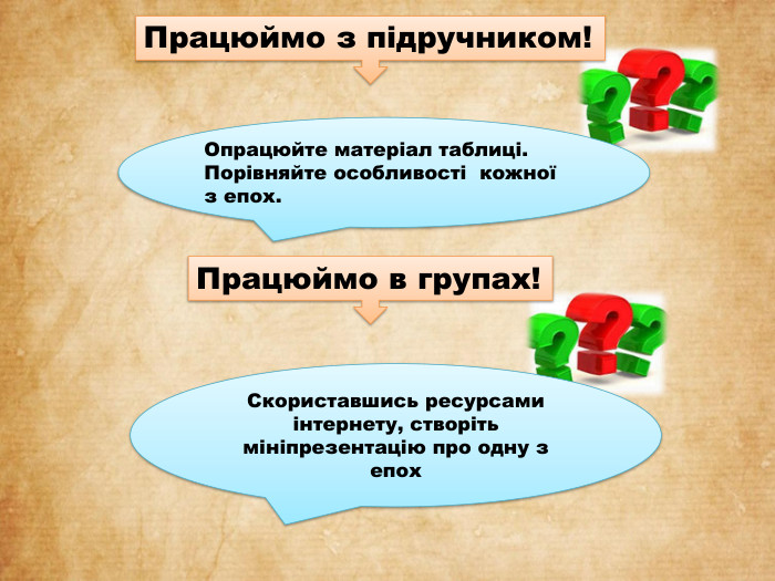 Працюймо з підручником!Опрацюйте матеріал таблиці. Порівняйте особливості кожної з епох. Працюймо в групах!Скориставшись ресурсами інтернету, створіть мініпрезентацію про одну з епох