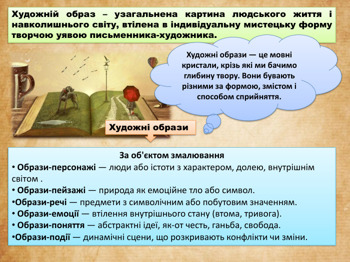 Художній образ – узагальнена картина людського життя і навколишнього світу, втілена в індивідуальну мистецьку форму творчою уявою письменника-художника. Художні образи — це мовні кристали, крізь які ми бачимо глибину твору. Вони бувають різними за формою, змістом і способом сприйняття. За об'єктом змалювання Образи-персонажі — люди або істоти з характером, долею, внутрішнім світом . Образи-пейзажі — природа як емоційне тло або символ. Образи-речі — предмети з символічним або побутовим значенням. Образи-емоції — втілення внутрішнього стану (втома, тривога). Образи-поняття — абстрактні ідеї, як-от честь, ганьба, свобода. Образи-події — динамічні сцени, що розкривають конфлікти чи зміни. Художні образи 