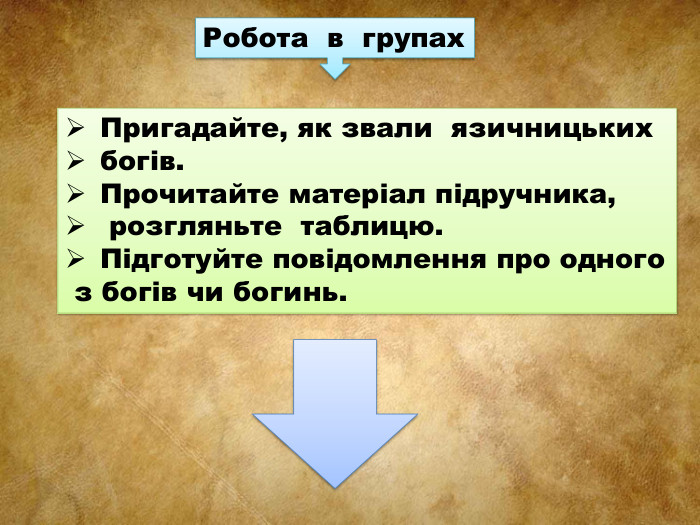 Пригадайте, як звали язичницьких богів. Прочитайте матеріал підручника, розгляньте таблицю. Підготуйте повідомлення про одного з богів чи богинь. Робота в групах