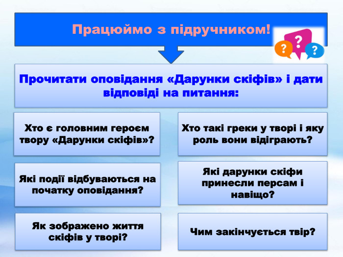 Працюймо з підручником!Прочитати оповідання «Дарунки скіфів» і дати відповіді на питання: Які події відбуваються на початку оповідання?Хто є головним героєм твору «Дарунки скіфів»?Хто такі греки у творі і яку роль вони відіграють?Які дарунки скіфи принесли персам і навіщо?Як зображено життя скіфів у творі?Чим закінчується твір?