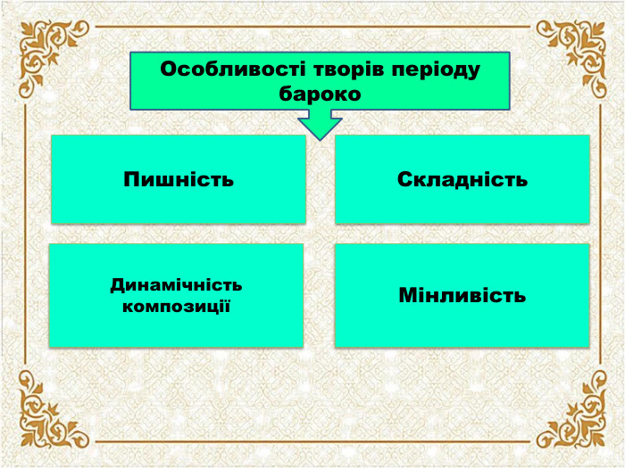Особливості творів періоду бароко Пишність Складність. Динамічність композиціїМінливість