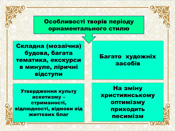 Особливості творів періоду орнаментального стилю. Складна (мозаїчна) будова, багата тематика, екскурси в минуле, ліричні відступи. Багато художніх засобів. Утвердження культу аскетизму – стриманості, відлюдності, відмови від життєвих благ. На зміну християнському оптимізму приходить песимізм