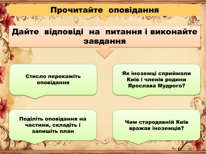 Прочитайте оповідання. Дайте відповіді на питання і виконайте завдання. Стисло перекажіть оповідання. Поділіть оповідання на частини, складіть і запишіть план. Чим стародавній Київ вражав іноземців?Як іноземці сприймали Київ і членів родини Ярослава Мудрого?