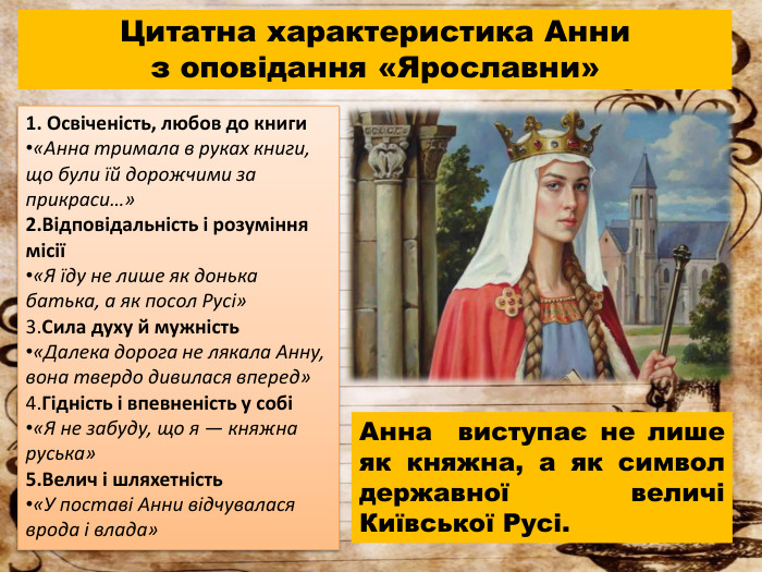 Цитатна характеристика Анни з оповідання «Ярославни»1. Освіченість, любов до книги«Анна тримала в руках книги, що були їй дорожчими за прикраси…»Відповідальність і розуміння місії«Я їду не лише як донька батька, а як посол Русі»3. Сила духу й мужність«Далека дорога не лякала Анну, вона твердо дивилася вперед»4. Гідність і впевненість у собі«Я не забуду, що я — княжна руська»Велич і шляхетність«У поставі Анни відчувалася врода і влада»Анна виступає не лише як княжна, а як символ державної величі Київської Русі.