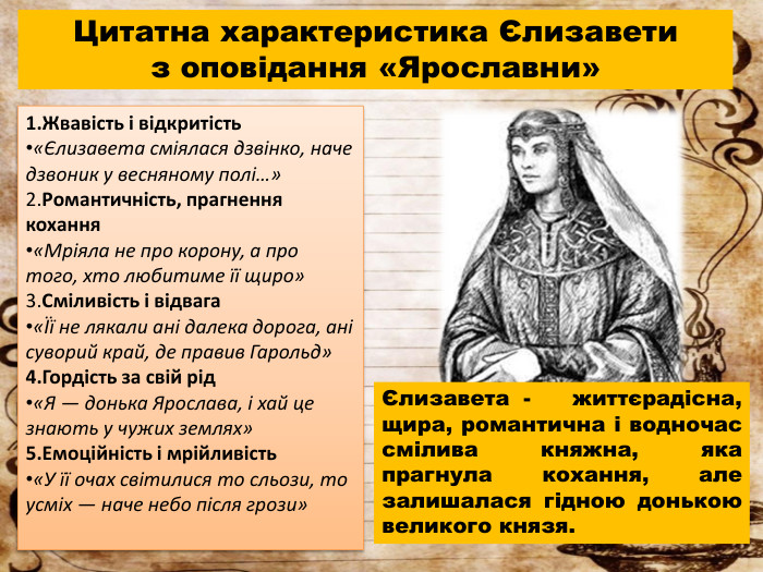 Цитатна характеристика Єлизаветиз оповідання «Ярославни»Жвавість і відкритість«Єлизавета сміялася дзвінко, наче дзвоник у весняному полі…»2. Романтичність, прагнення кохання«Мріяла не про корону, а про того, хто любитиме її щиро»3. Сміливість і відвага«Її не лякали ані далека дорога, ані суворий край, де правив Гарольд»Гордість за свій рід«Я — донька Ярослава, і хай це знають у чужих землях»Емоційність і мрійливість«У її очах світилися то сльози, то усміх — наче небо після грози»Єлизавета - життєрадісна, щира, романтична і водночас смілива княжна, яка прагнула кохання, але залишалася гідною донькою великого князя.