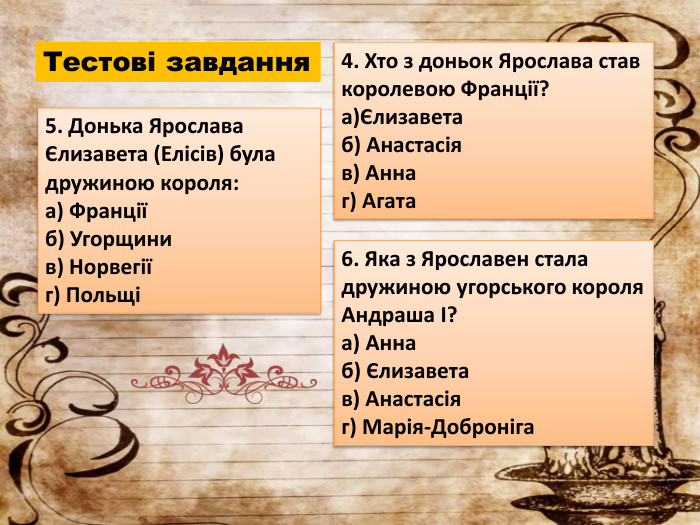 Тестові завдання4. Хто з доньок Ярослава став королевою Франції?а)Єлизаветаб) Анастасіяв) Аннаг) Агата5. Донька Ярослава Єлизавета (Елісів) була дружиною короля:a) Франціїб) Угорщинив) Норвегіїг) Польщі6. Яка з Ярославен стала дружиною угорського короля Андраша І?a) Аннаб) Єлизаветав) Анастасіяг) Марія-Доброніга