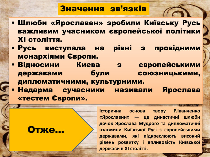 Значення зв’язків. Шлюби «Ярославен» зробили Київську Русь важливим учасником європейської політики XI століття. Русь виступала на рівні з провідними монархіями Європи. Відносини Києва з європейськими державами були союзницькими, дипломатичними, культурними. Недарма сучасники називали Ярослава «тестем Європи».Історична основа твору Р.Іванченко «Ярославни» — це династичні шлюби дочок Ярослава Мудрого та дипломатичні взаємини Київської Русі з європейськими державами, які підкреслюють високий рівень розвитку і впливовість Київської держави в XI столітті. Отже…